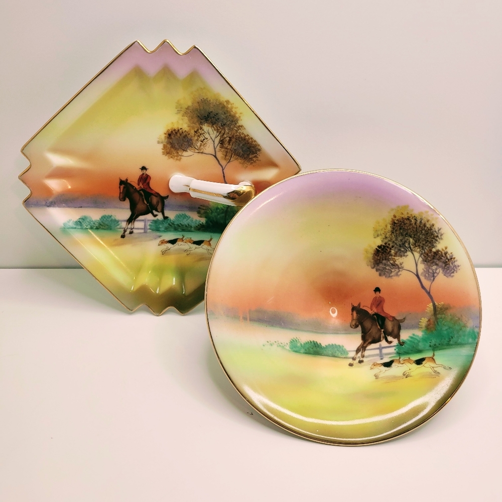 Rare 1930s Noritake Equestrian Horse 2pc Conical Bowl Lemon Dish Art Deco